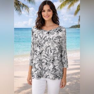 Chico's Black & White Floral Boatneck Long Sleeve Top